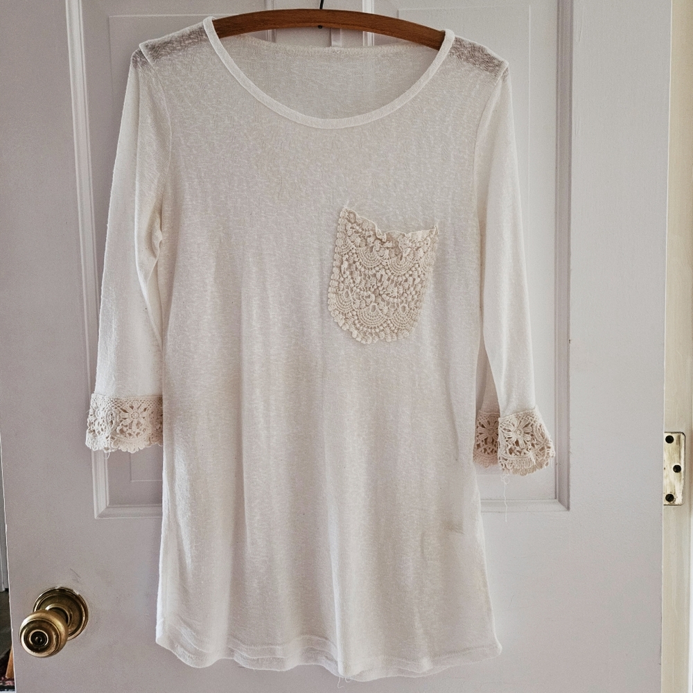 Pink Blush Maternity Ivory Crochet Trim Detail 3/4 Sleeve Knit Maternity Top S